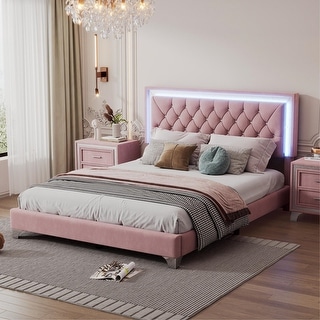 Upholstered Bed Frame with LED Lights with Crystal Tufted Headboard