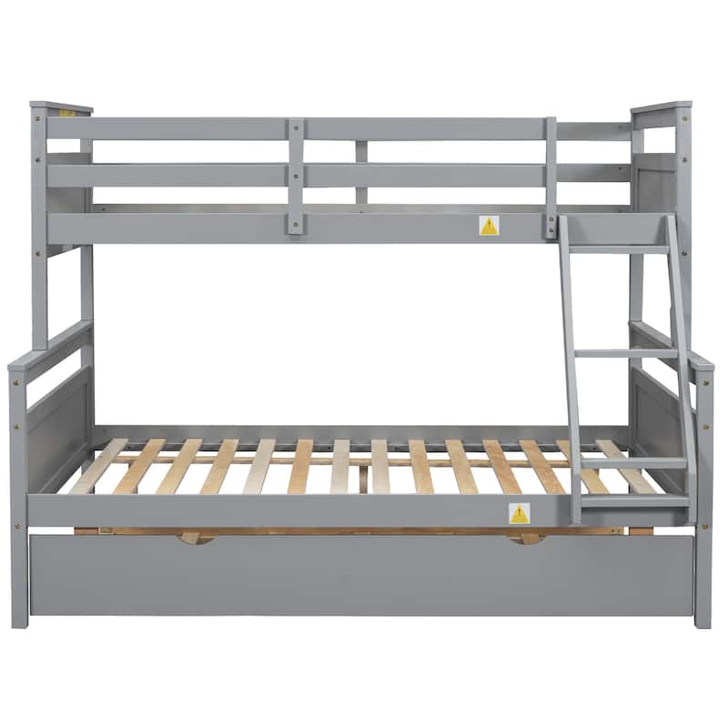 Gray Twin over Full Pine Wood Bunk Bed with Ladder and Twin Size Trundle