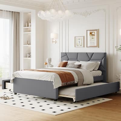 Full Size Upholstered Platform Bed with Twin Size Trundle and 2 Drawers