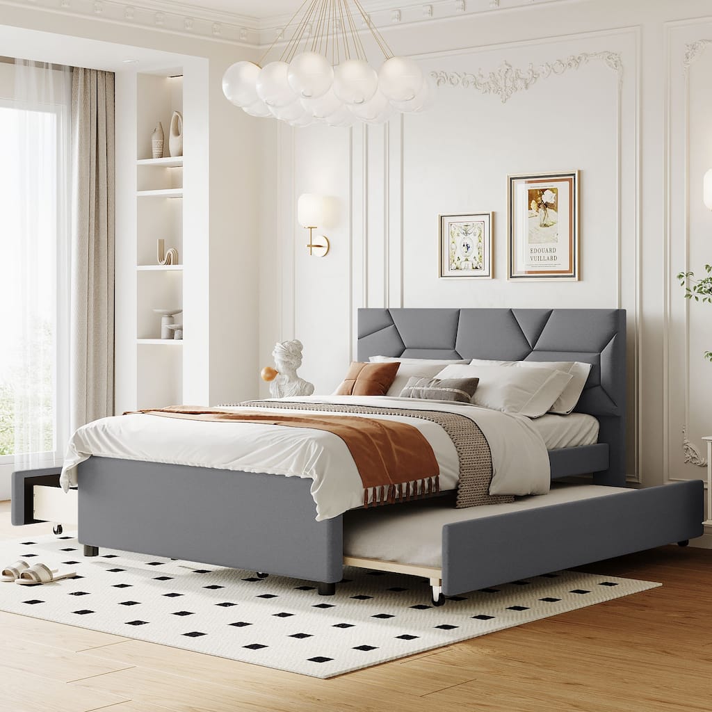 Full Upholstered Platform Bed with Brick Headboard, Twin Trundle, 2 Drawers, Gray Linen Fabric