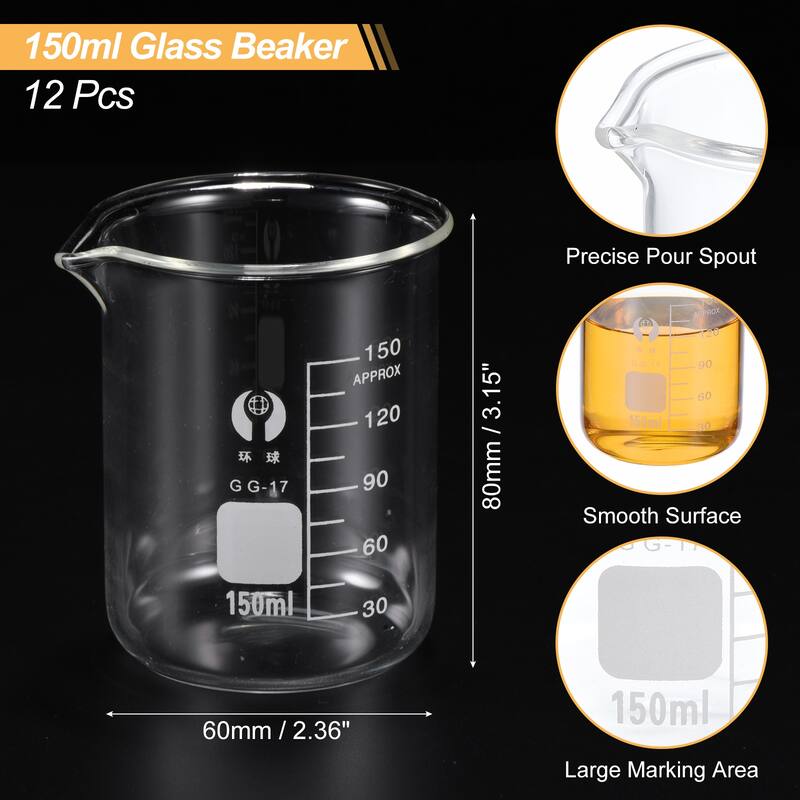 Low Form Glass Beaker, 12 Pack Glass Graduated Scale Measuring Cups - 150ml