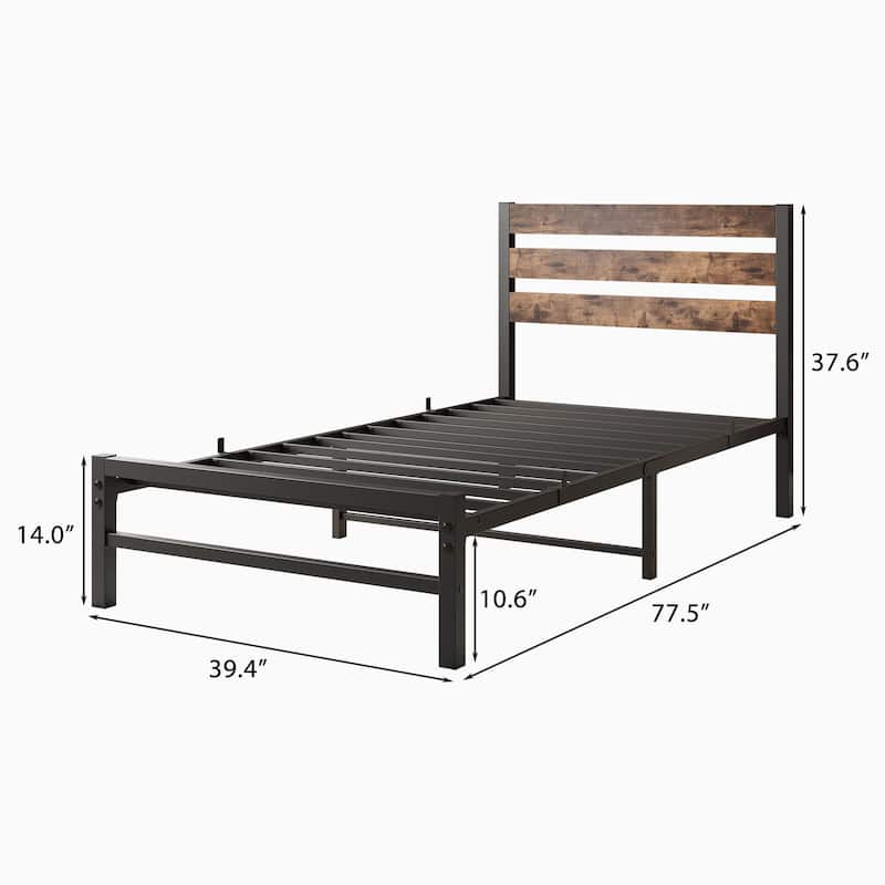 Modern Style Metal Platform Bed with Rustic Vintage Wooden Headboard for Bedroom
