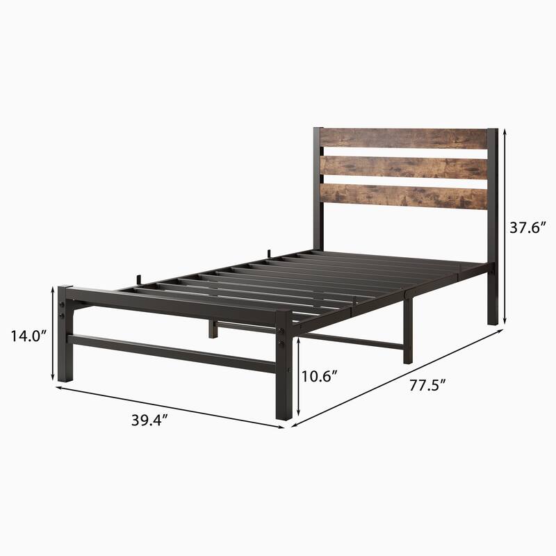 Twin Size Metal Platform Bed Frame with Wood Headboard, Footboard, and Strong Metal Slat Support