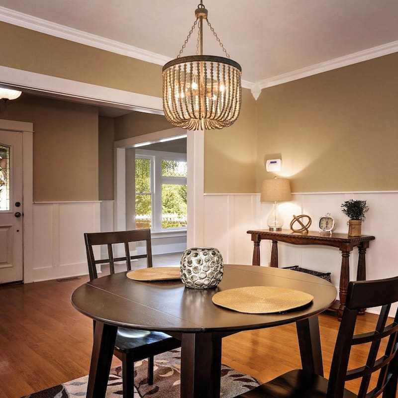 Modern Wood Beaded Chandelier Handmade LED Drum Basket Ceiling Light 4-light Dining Room Lights - Grey - D15.5" X H87"