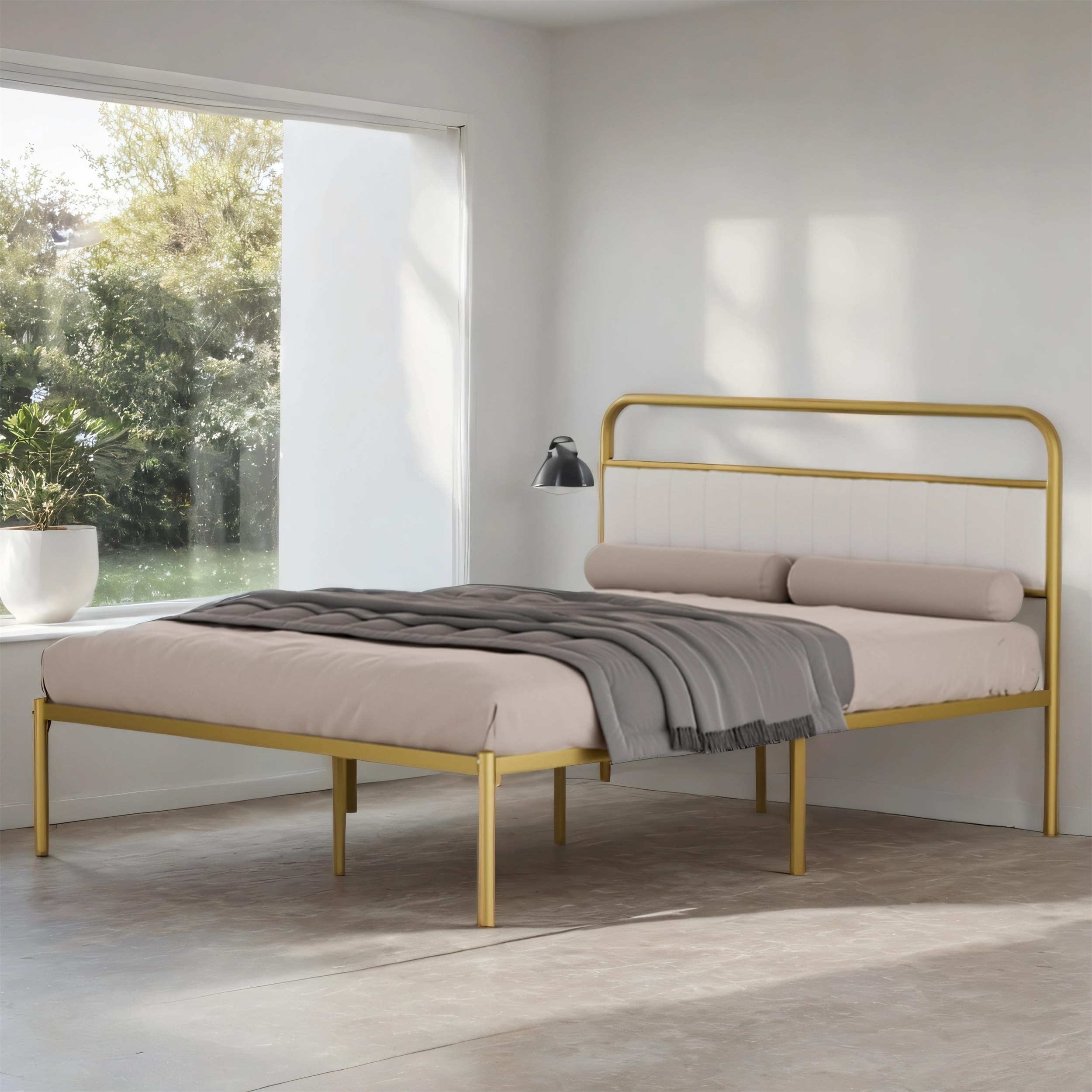 Modern Queen Size Bed Frame w/ Upholstered Headboard, Gold Metal Legs