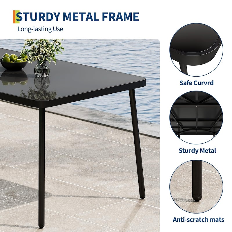 59" Tempered Glass Dining Table, Rectangular Outdoor Dining Table