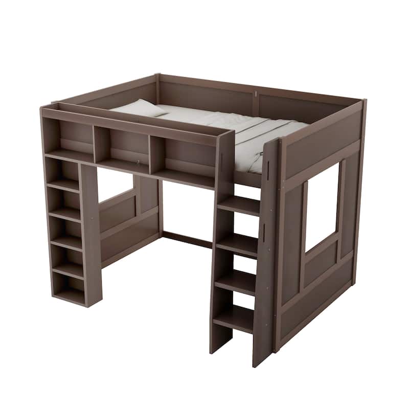GDFStudio - StoreMax Modern Wooden Queen Loft Bed with Storage Cabinets and Shelves