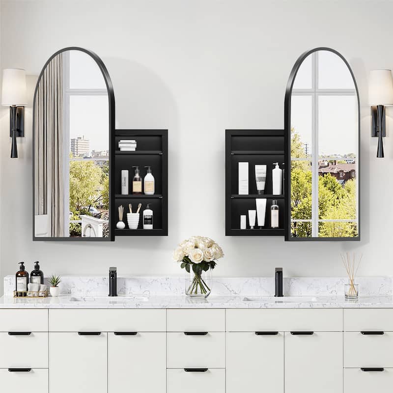 Arched Bathroom Medicine Cabinet with Mirror Metal Framed Wall Mounted Recessed Cabinets for Bathroom Vanity