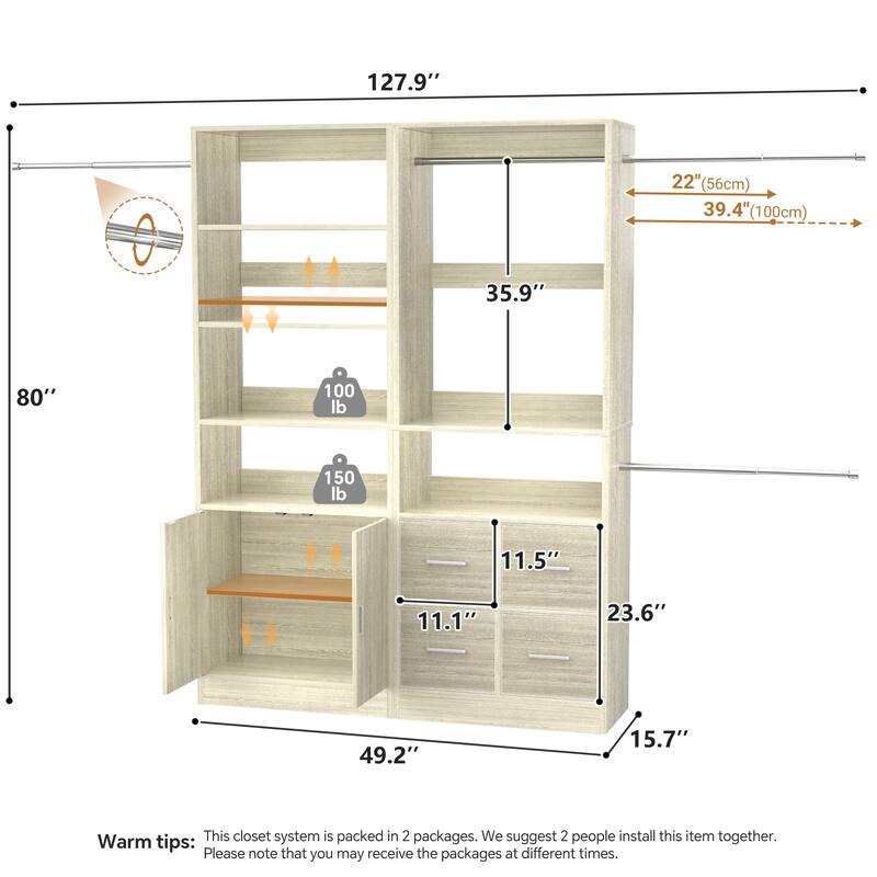 Rackcog Set of 2 Closet Organizer with 2 Doors, Closet System with Drawers for Walk-in Closet