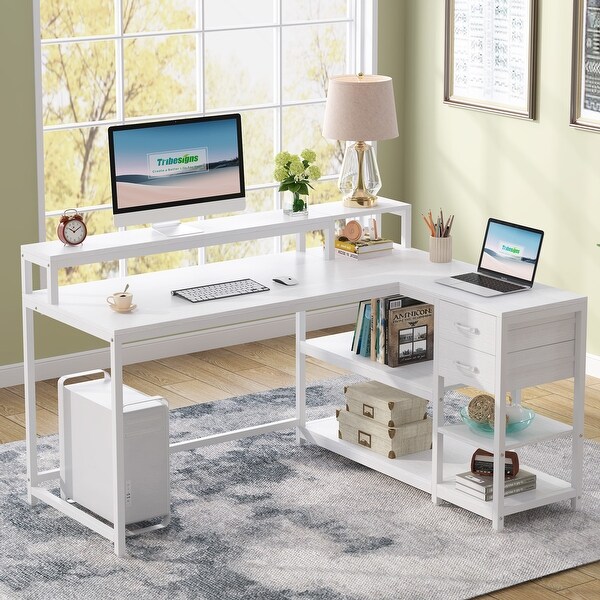 L Shaped Desk with Drawer Home Office Corner Desk with Storage Shelves and Monitor Stand Rustic PC Desk for Small Space On Sale Bed Bath Beyond 36543917