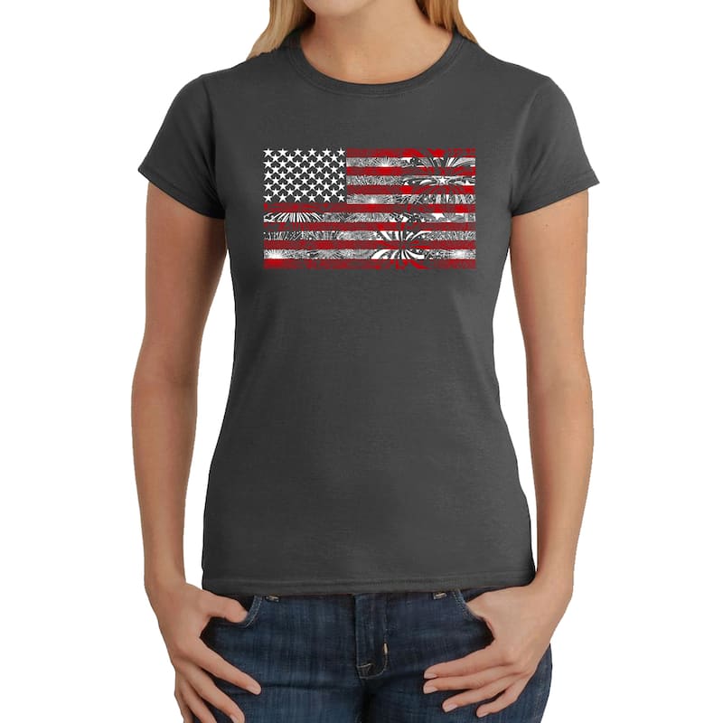 LA Pop Art Women's Word Art T-Shirt - Fireworks American Flag - Grey - XL