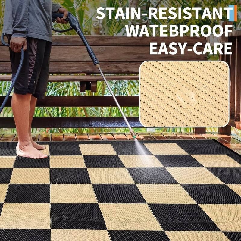 Outdoor Rug Checkerboard Geometric Plaid Pattern, Waterproof Plastic Straw Rug, UV Resistant Foldable Outdoor Rug