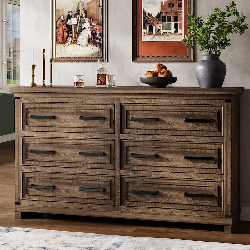 Farmhouse 6/8 Drawer Dresser for Bedroom, Rustic Wood Chest of Drawers - 6-drawer - Brown