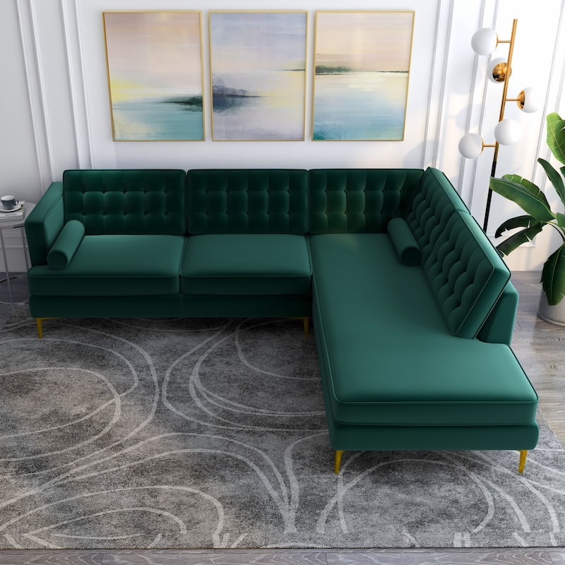 Chatty Velvet Modern Tufted Living Room Corner Sectional Sofa - Green - Right Facing
