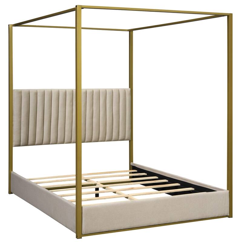 Queen Upholstered Canopy Bed with Headboard, Metal Frame, and Linen Upholstery, 4-Poster Modern Design, Easy Assembly