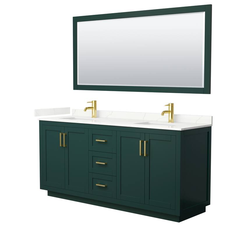 Miranda 72-inch Double Vanity, Quartz Top, 70-inch Mirror - Green, Gold Trim, Giotto Quartz Top