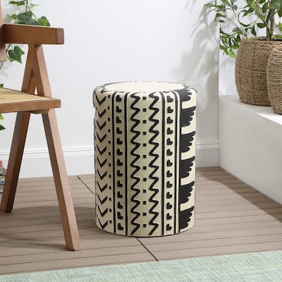 Zakhai 18" MidCentury Modern Geometric Drum Garden Stool, Cream/Black, by JONATHAN Y