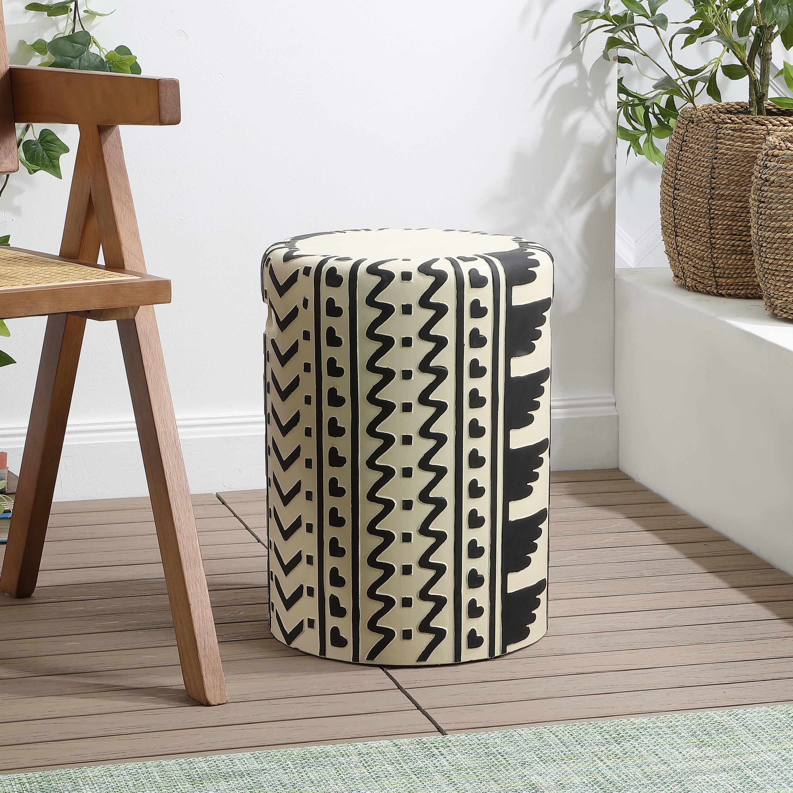Yoli Bohemian Geometric Concrete Outdoor Garden Stool with Handles, Weatherproof Drum Accent Side Table for Patio & Deck