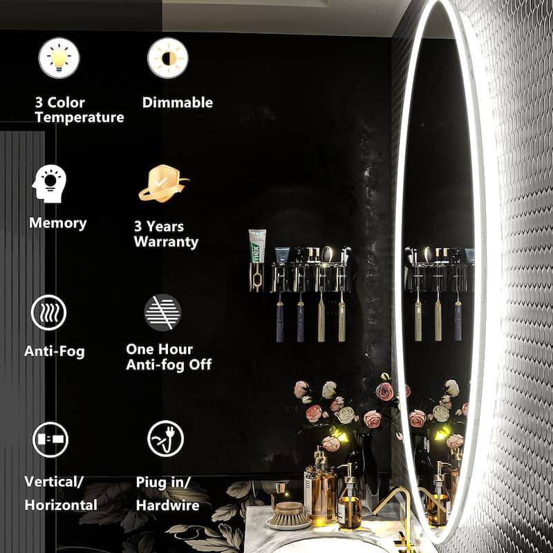 KIOTEE Super Bright Round LED Lighted Anti-Fog Tempered Glass Bathroom Vanity Mirror with ETL and 3-Year Warranty