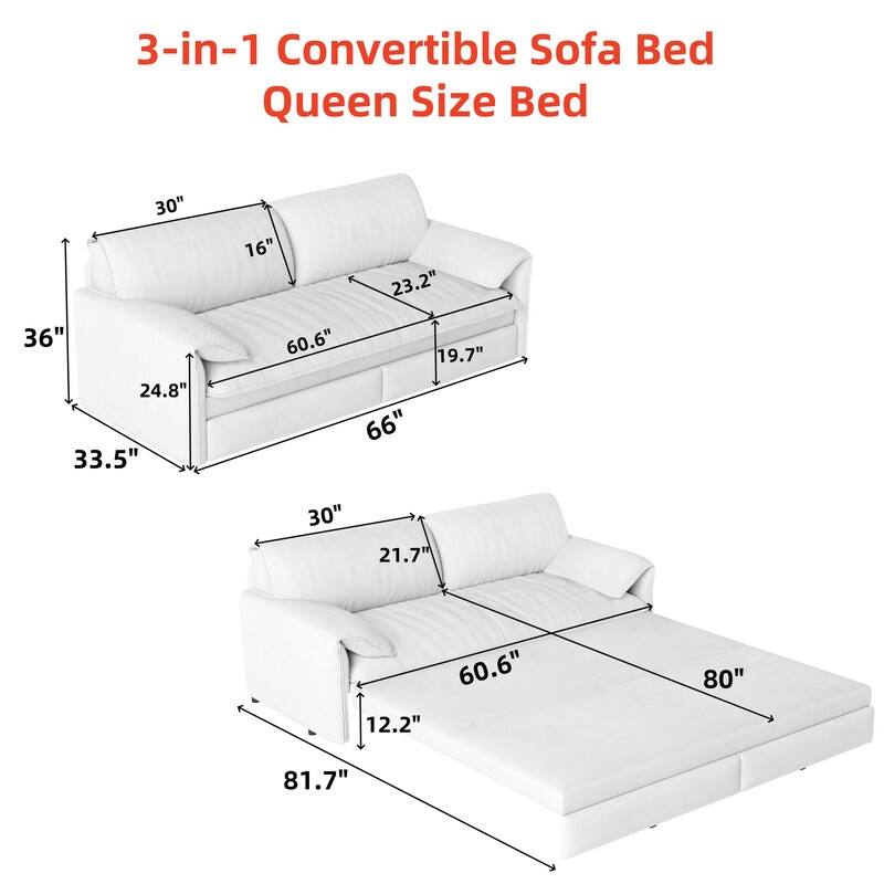 66" Queen Pull Out Sofa Bed, 3-in-1 Convertible Sleeper Sofa with Side Storage