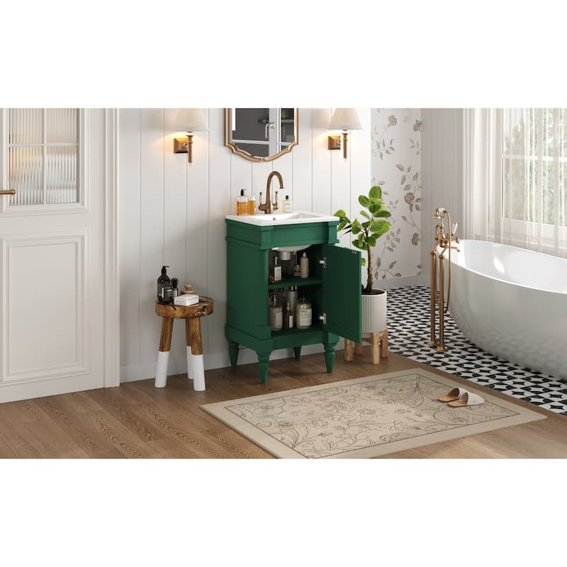 GDFStudio - Wexford Retro Freestanding Bathroom Vanity with Ceramic Sink, Solid Pine Wood Legs & Adjustable Shelf - 18'W