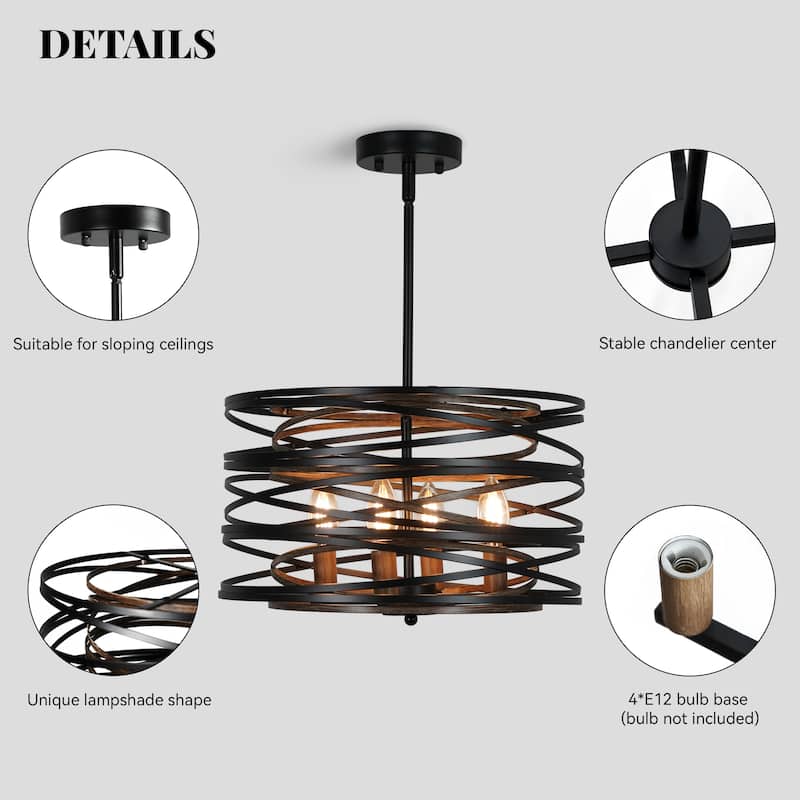 4-Light Rustic Black Drum Chandelier Farmhouse Drum Light Fixture - 15.7in