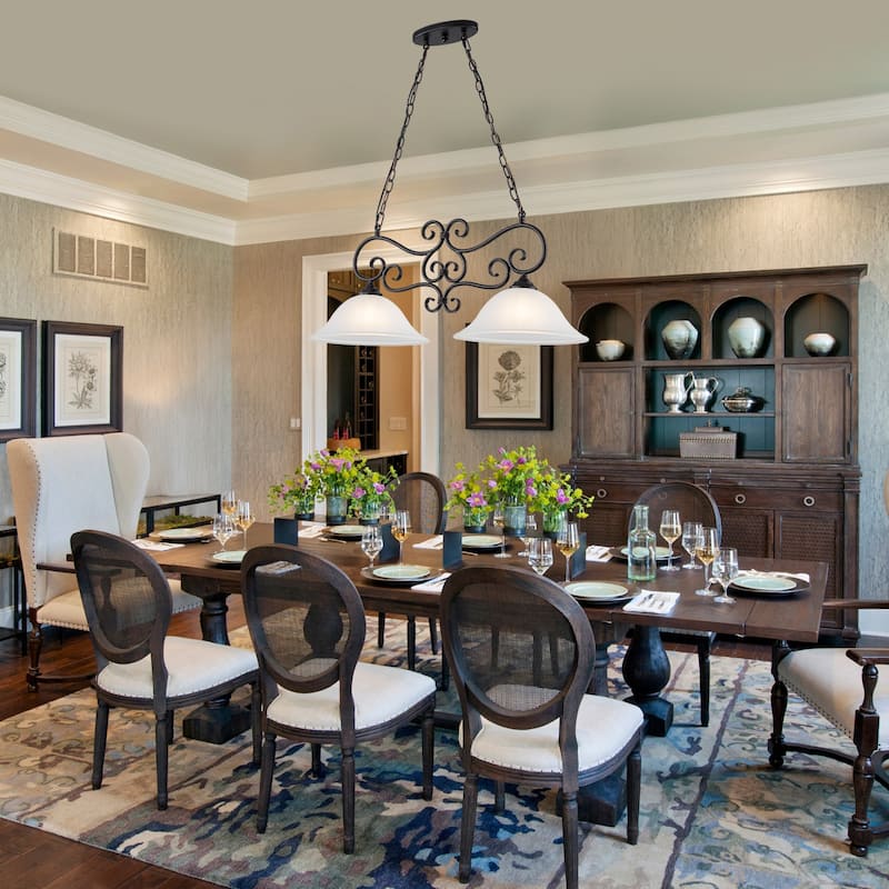 Matte Black 2-Light Linear Chandelier with Bell Glass Shades - Dia.32.28-in