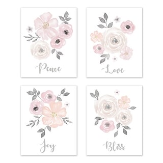 Sweet Jojo Designs Blush Pink & Grey Love Peace Joy Bliss Watercolor Floral Collection Wall Decor Art Prints (Set of 4)