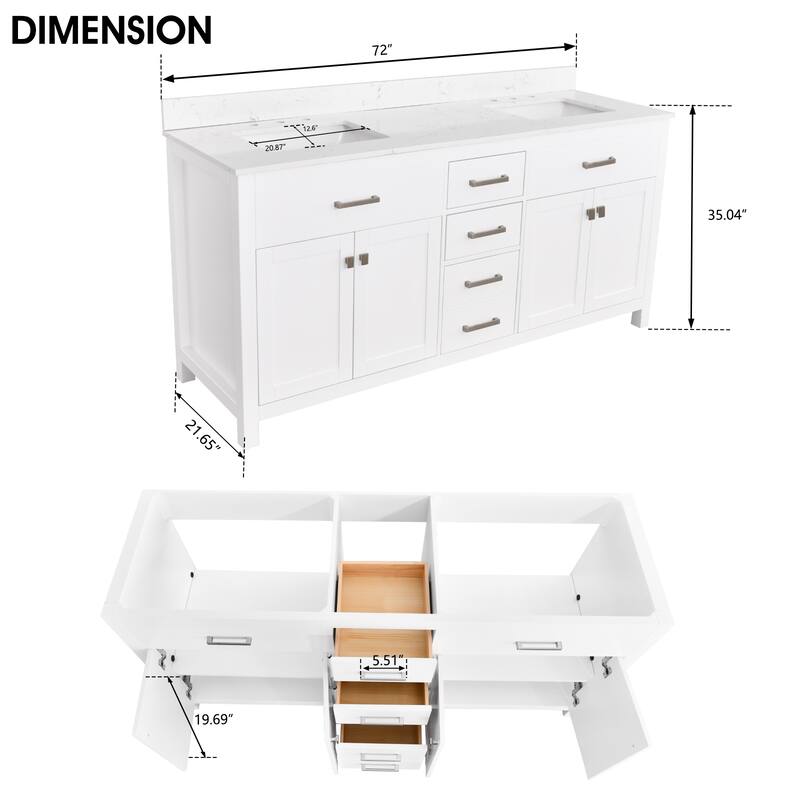 Prismatica Double Sinks Bathroom Vanity 72 in White, Marble Top & Splash