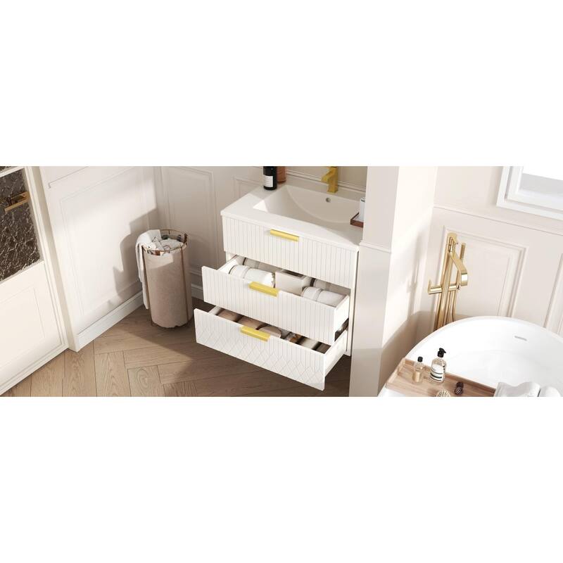 24-inch Wall-Mounted Floating Cabinet with Double Drawer, Rectangular Vanity Sink