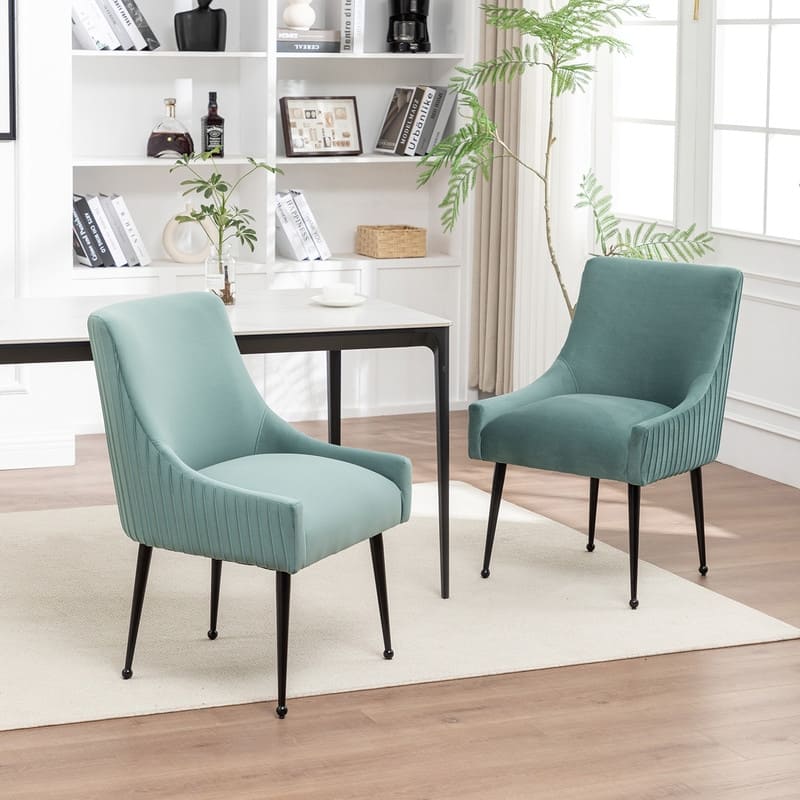 SEYNAR Modern Glam Velvet Black Metal Legs Dining Chair or Vanity Chair Set of 2 with Rear Handle