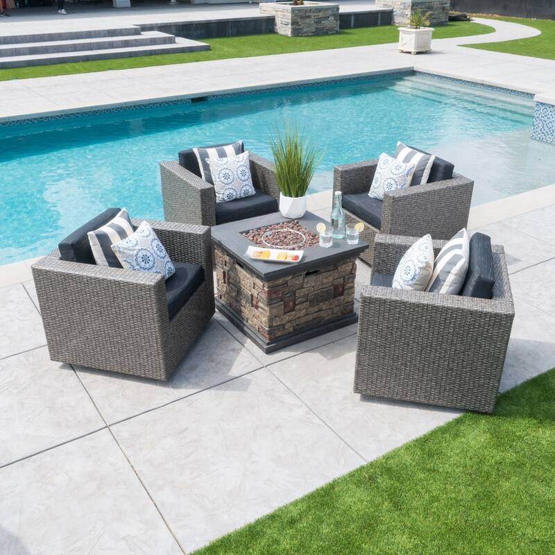 Puerta Outdoor 5-piece Wicker Chair and Square Stone Firepit Set by Christopher Knight Home