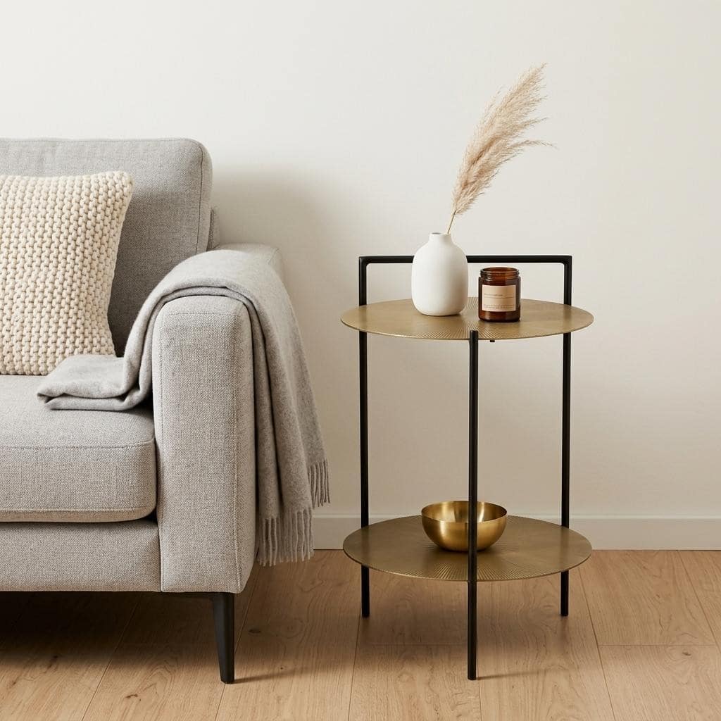 HomeRoots 22" Antiqued Brass and Black Iron Round End Table With Shelf - 14.50 in. x 22.00 in. x 14.00 in.