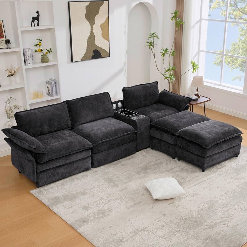 Modular Sectional Sofa, U Shaped Couch with 2 Ottomans, Storage Console & Wireless Charging, 2 Cup Holders, Bluetooth Speakers