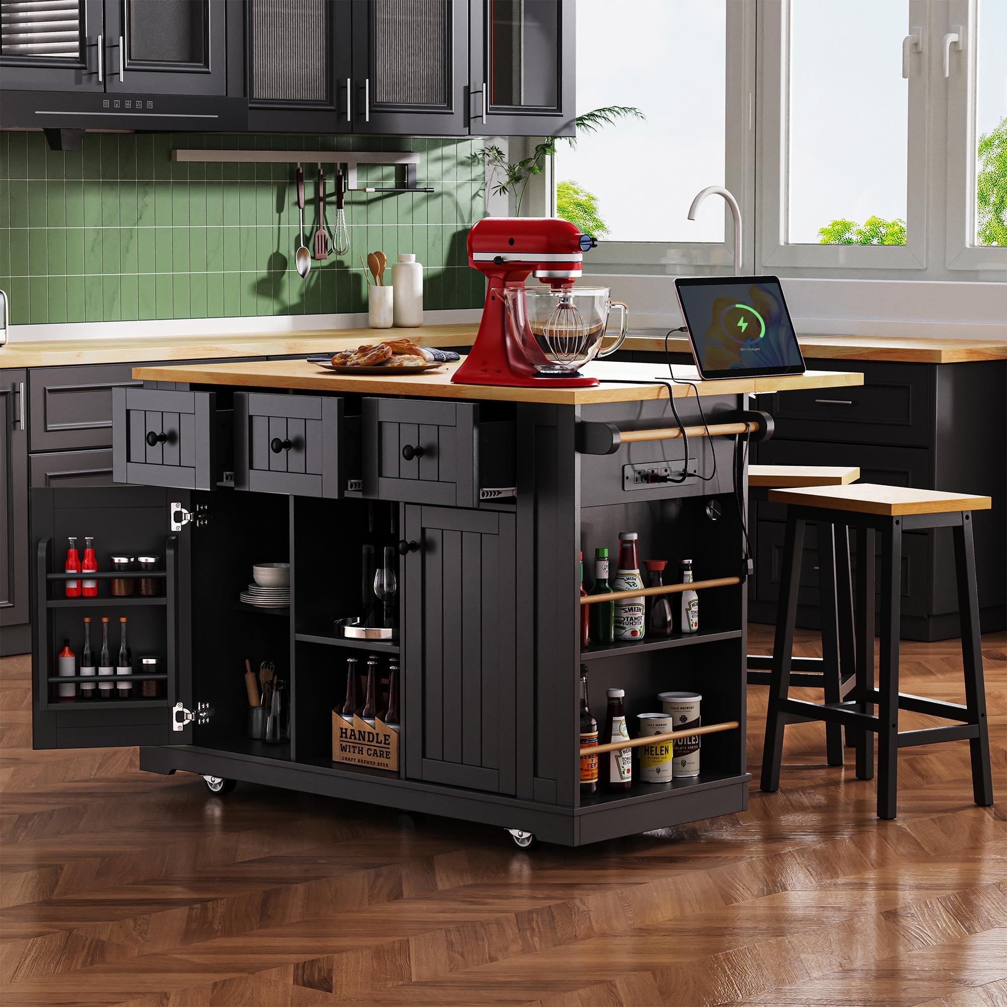 Kitchen Island Rolling Kitchen Cart with Drop Leaf, Kitchen Storage Cart with Power Outlet and Storage Rack