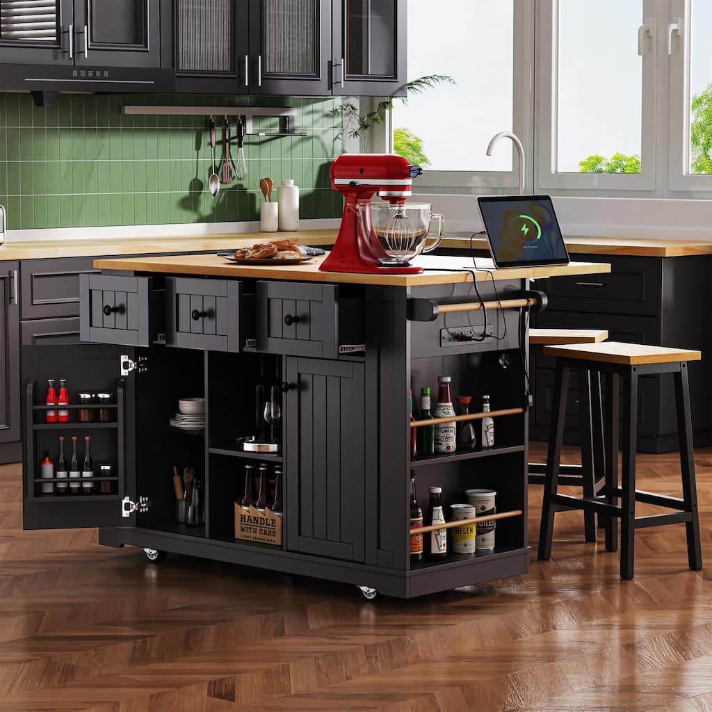 Roomfitters Kitchen Island Cart with 2 Bar Stools and Power Outlet