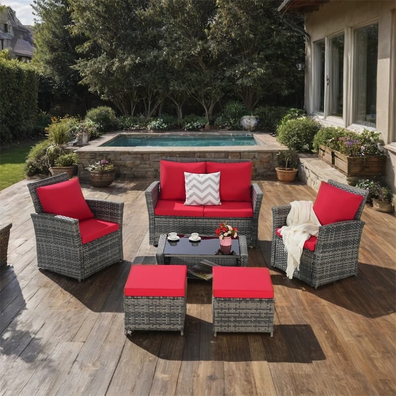 6 PCS Wicker Patio Furniture Sets with Ottoman & Tempered Glass Table - N/A