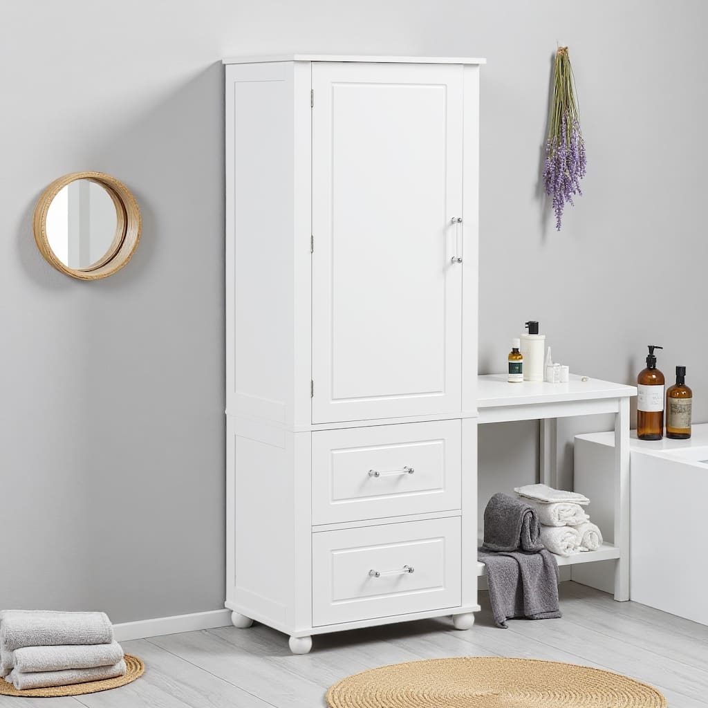 61" Tall Bathroom Storage Cabinet, Freestanding Storage Cabinet with Two Drawers and Adjustable Shelf, MDF Board