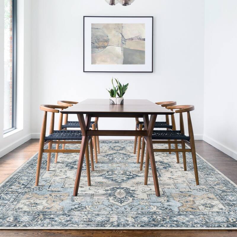 Mcow Neutral Floral Low Pile Machine Washable Non-Slip Area Rug