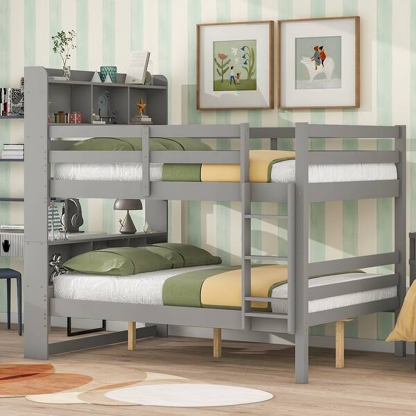 slide 2 of 9, Gray Solid Wood Bunk Bed with Bookcase Headboard, Safety Rail and Ladder, Can Be Converted into 2 Beds Full - Gray