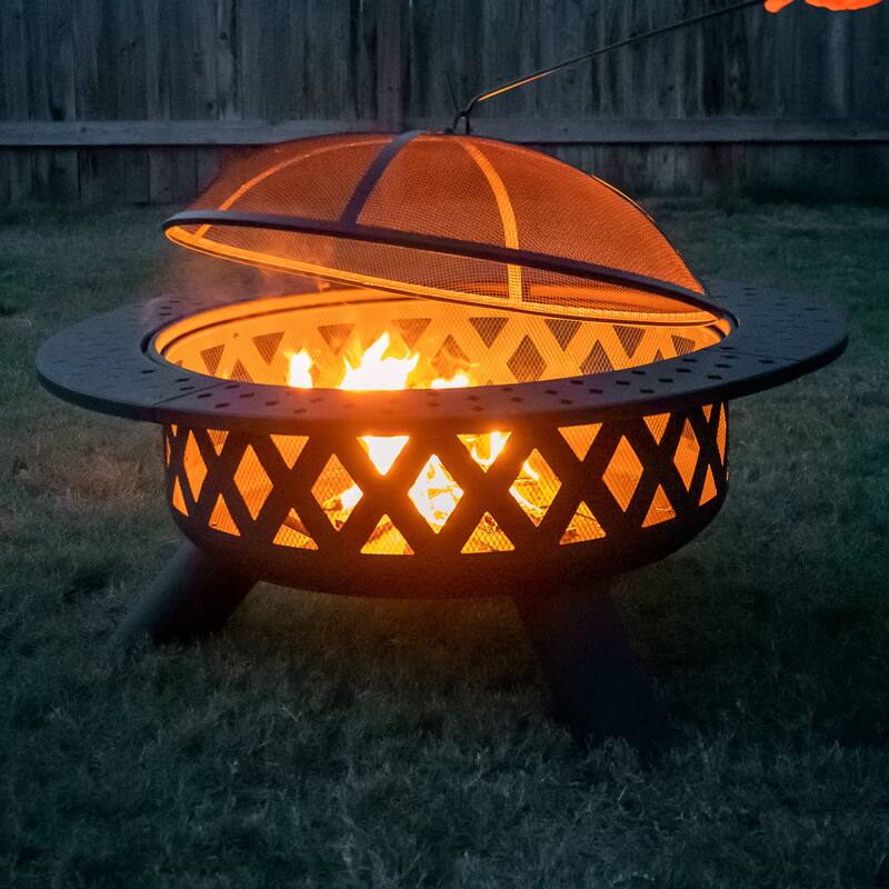Black Cross Weave Large Round Steel Wood Burning Fire Pit with Spark Screen