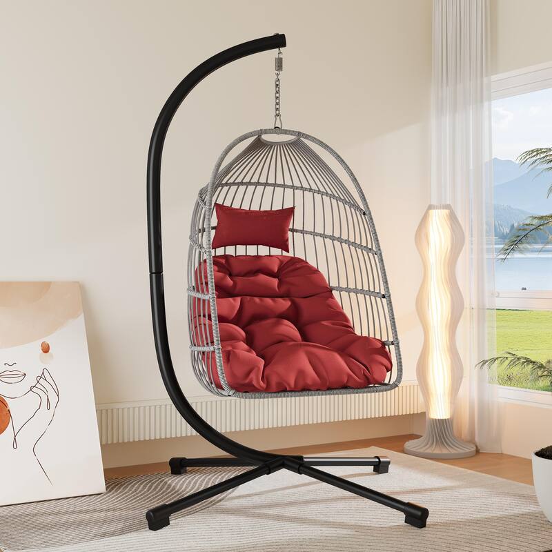 Anmytek Wicker Egg Hanging Chair with Stand - Red