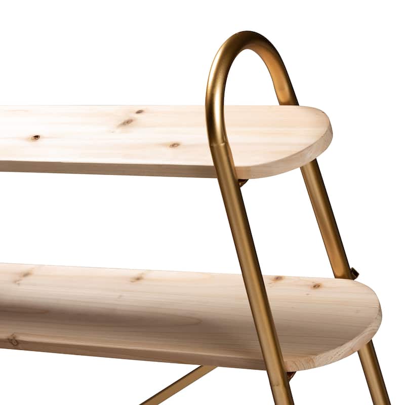 Merida Gold Metal and Brown Wood 2-Tier Over Bed Queen Size Shelf