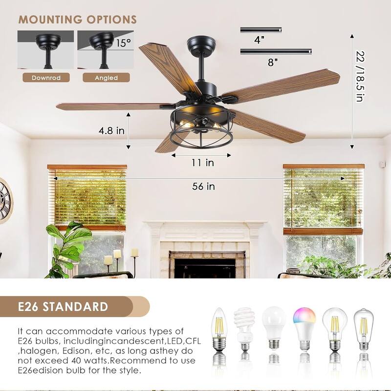 52 Inch Indoor and Outdoor Farmhouse Ceiling Fan with Light DC motor Wooden Blades Waterproof