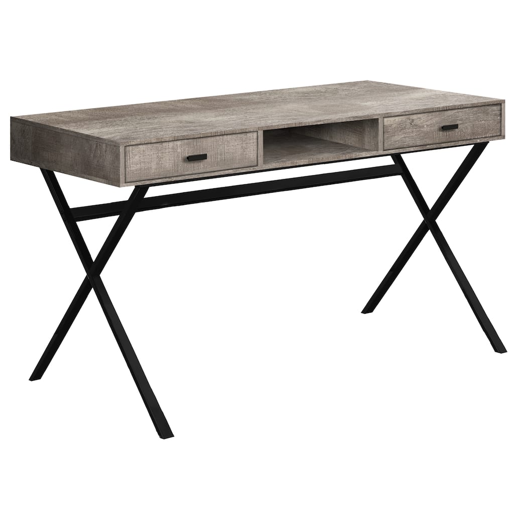 Taupe Wood Computer Desk with 2 Drawers and Black Metal Base