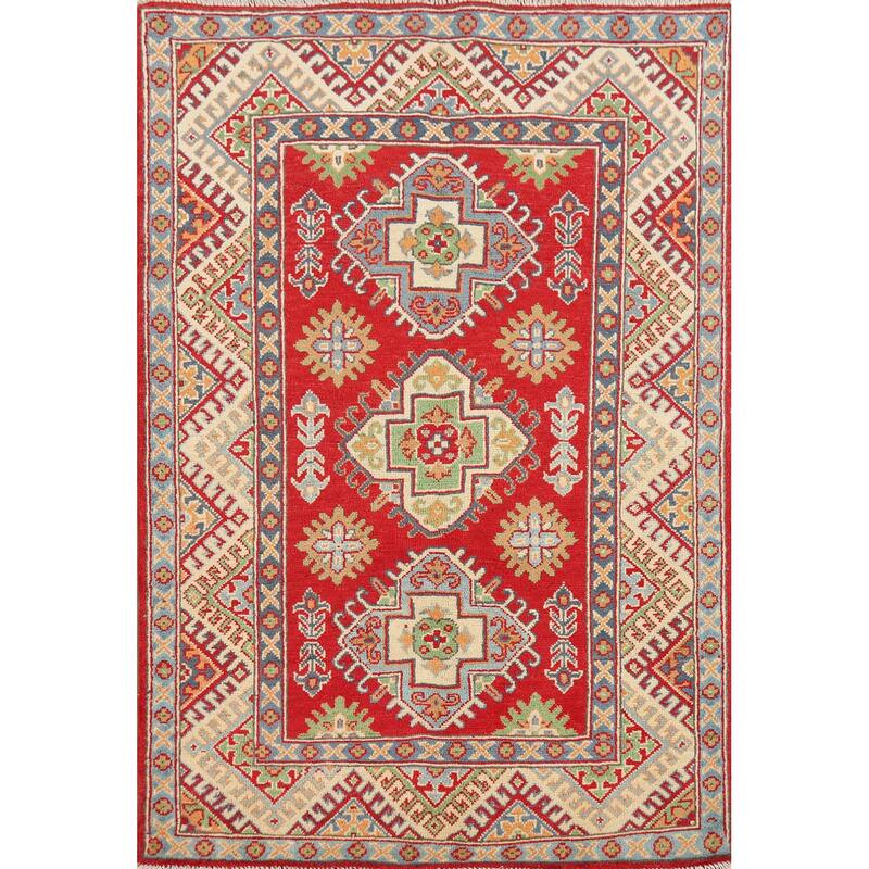 Geometric Red Kazak Oriental Accent Rug Handmade Wool Carpet - 3'4" x 5'1"