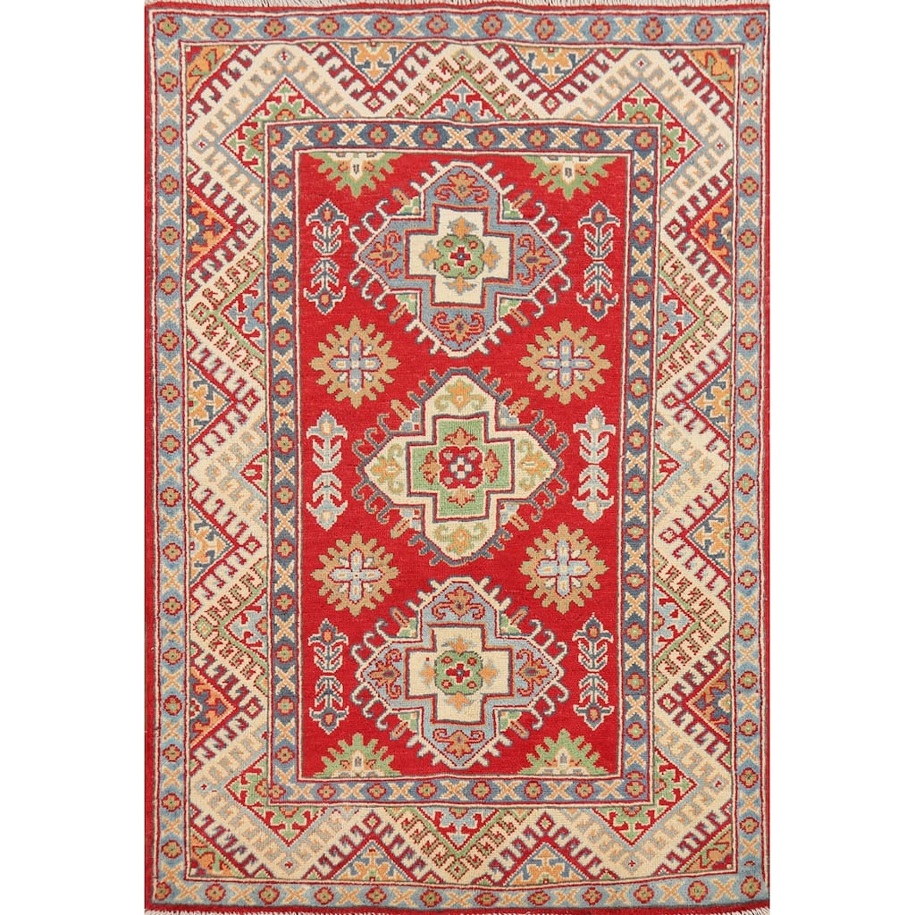 Geometric Red Kazak Oriental Accent Rug Handmade Wool Carpet - 3'4" x 5'1"