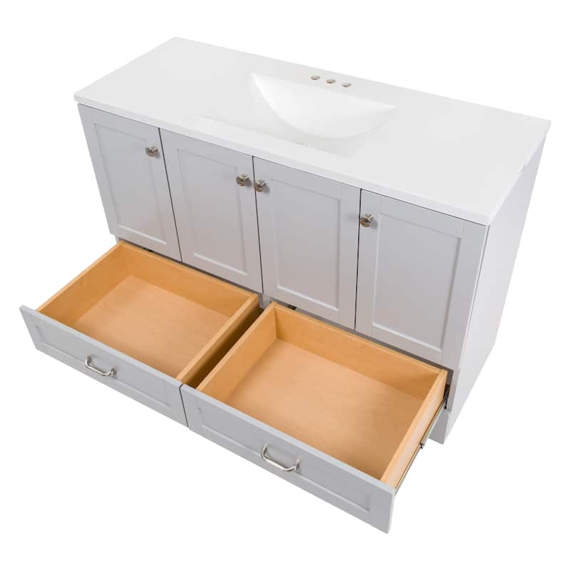 Spring Mill Cabinets Emlyn 48.5" Bathroom Vanity With Shelves, Drawers, and White Sink Top