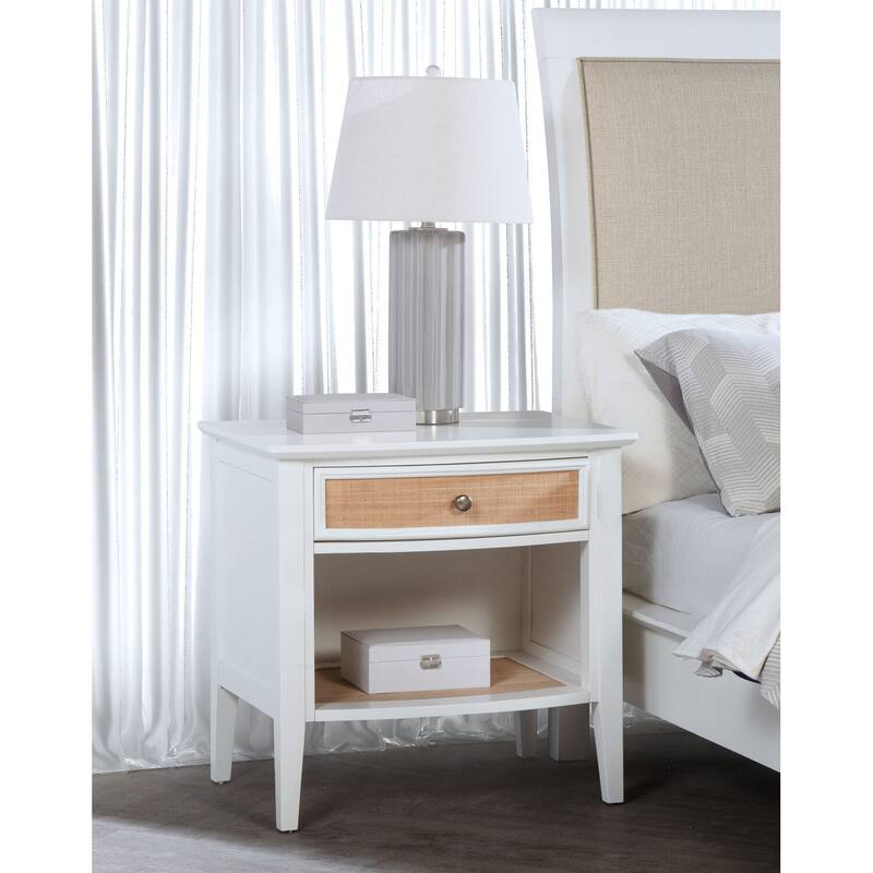White 1-Drawer Nightstand with Natural Rattan Accents, Felt Lining and Open Shelf for Coastal Modern Style