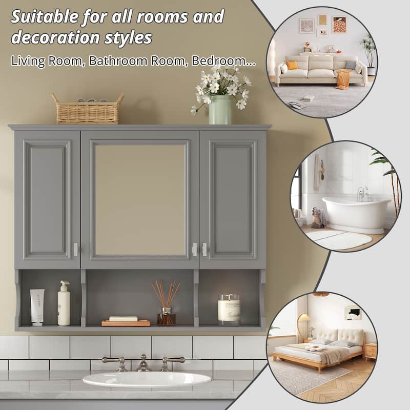 35"x 28"Wall Mounted Bathroom Medicine Cabinet, Modern Bathroom Wall Cabinet with Mirror, Mirror Cabinet with Open Shelves